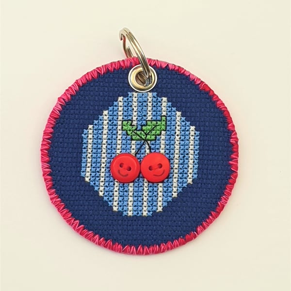 Cherry Cross Stitch round Keyring with Button Faces