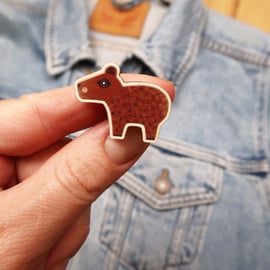 Capybara wooden pin badge, cute animal brooch.