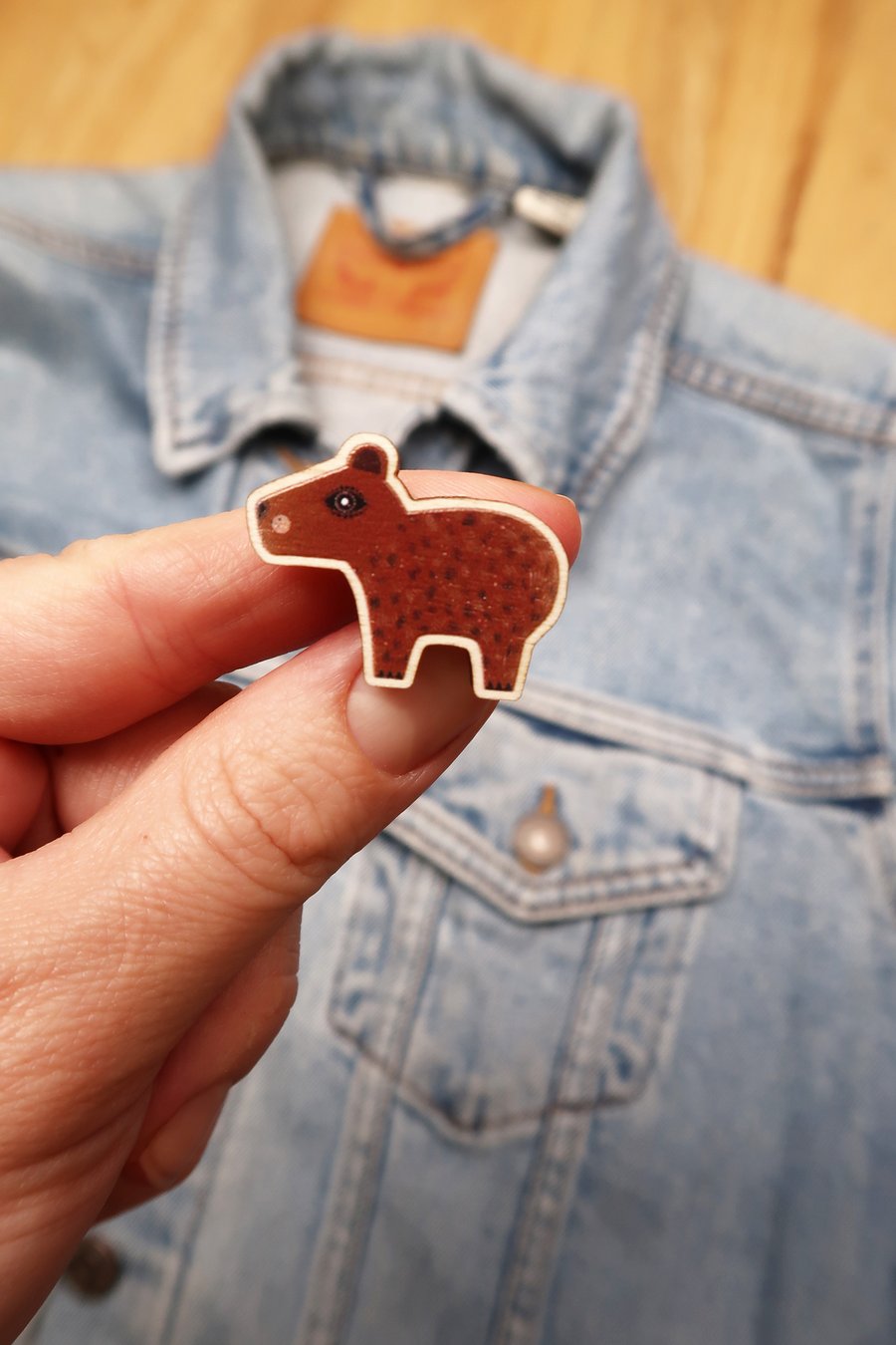 Capybara wooden pin badge, cute animal brooch.