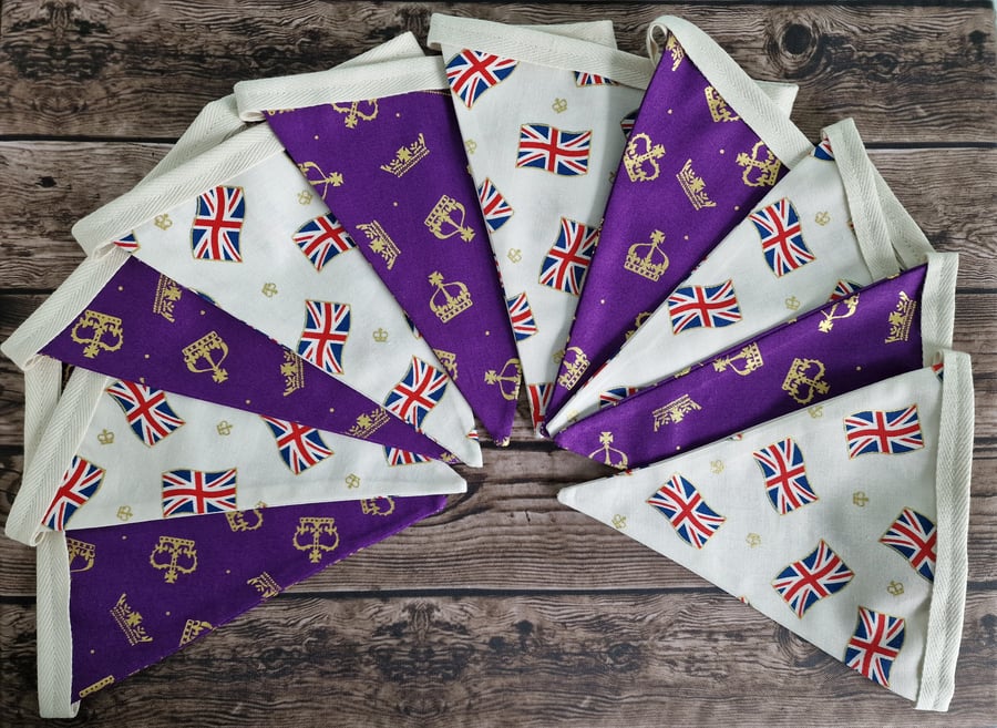 Union Jack Double Sided Handmade Bunting - Purple crowns & Cream Union Jacks