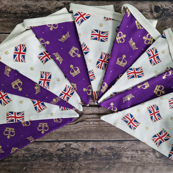 Union Jack Double Sided Handmade Bunting - Purple crowns & Cream Union Jacks