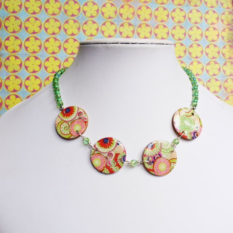 Green Paisley Necklace with Beaded Chain, Retro Fashion Jewellery