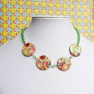 Green Paisley Necklace with Beaded Chain, Retro Fashion Jewellery