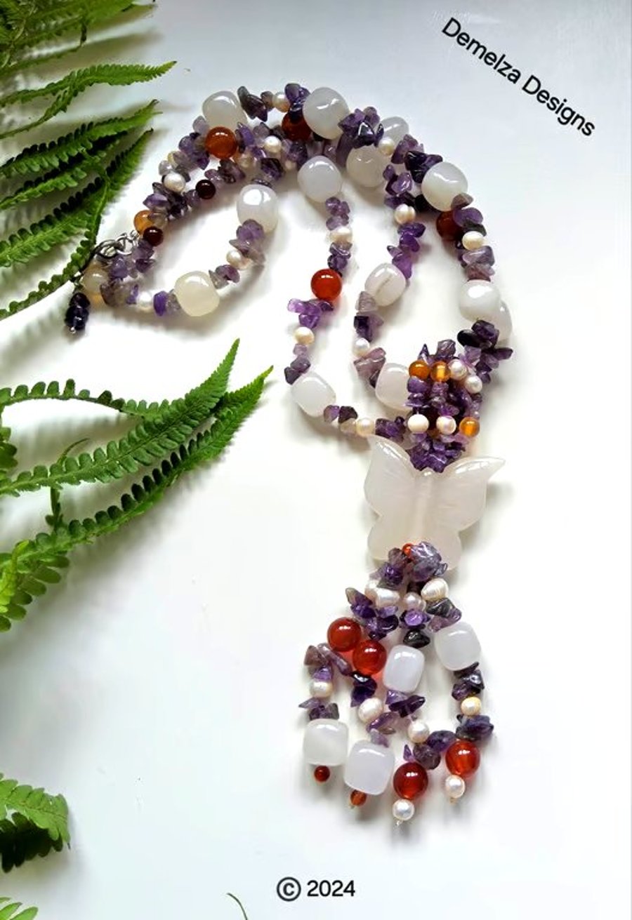 White Agate, Amethyst, Freshwater Pearls, Carnelian Two in One Necklace 