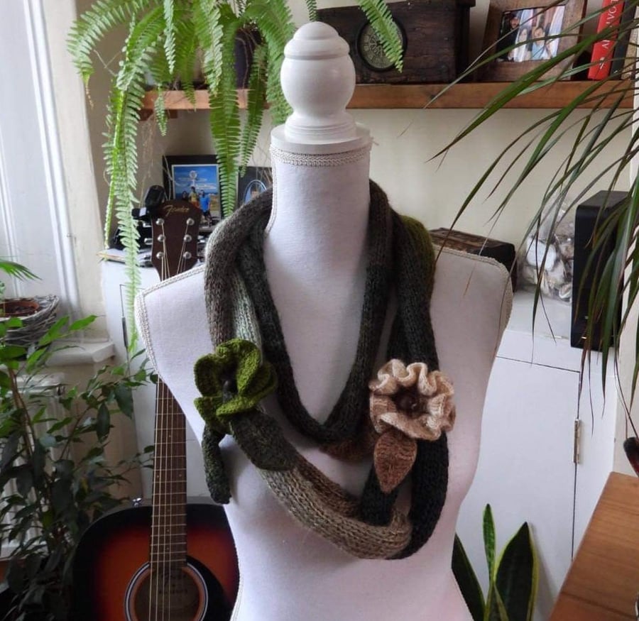 Crochet everyday necklace Gray-green flowers hand knit collar scarf Boho jewelry