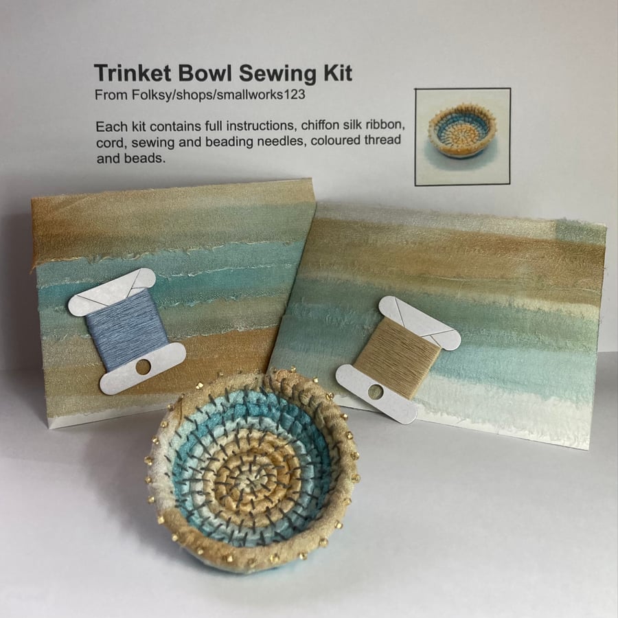 Trinket Bowl Sewing Kit - teal thread, mixed green beads - free uk postage