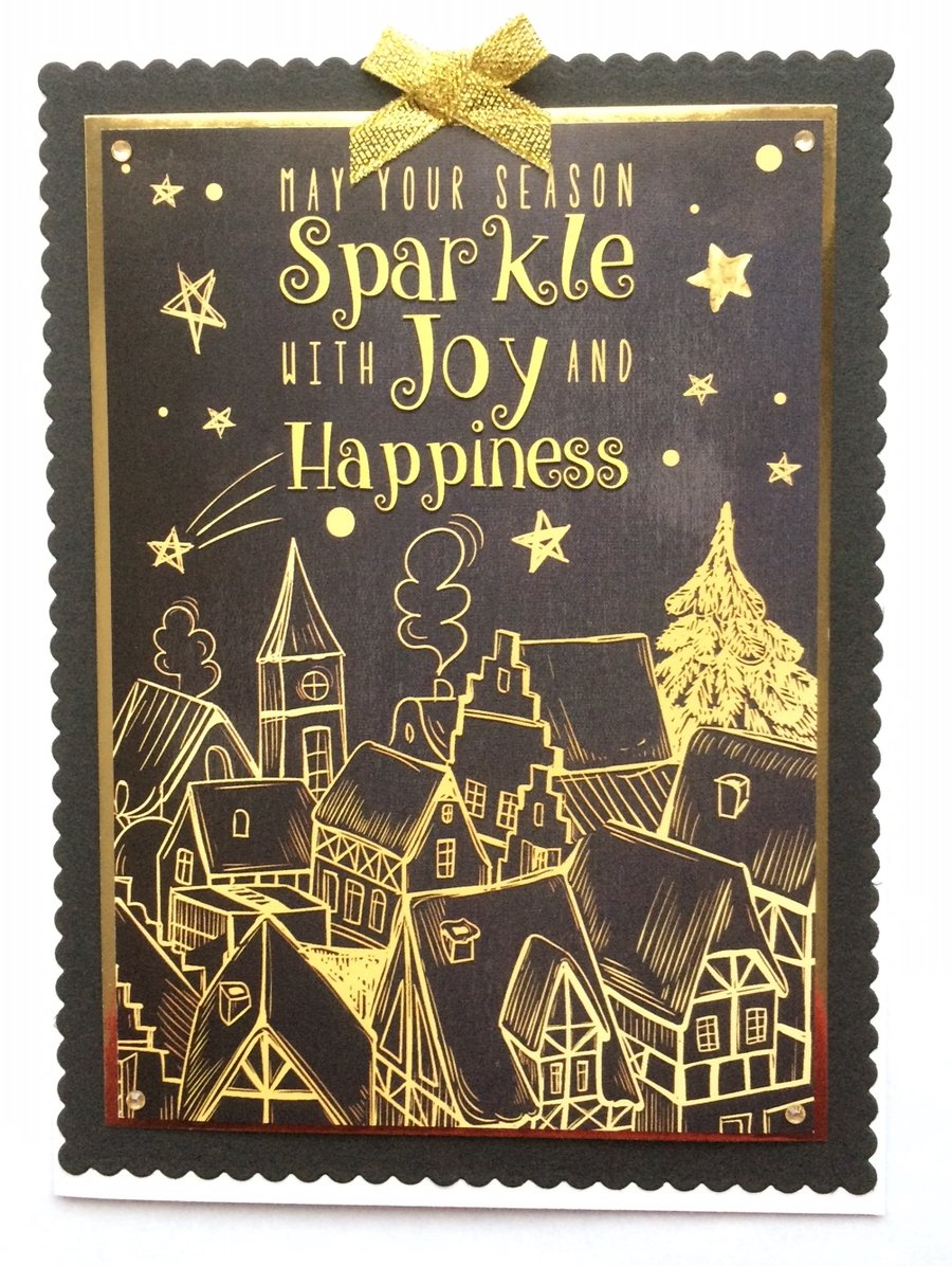 Handmade Christmas Card Season Sparkle Joy and Happiness Gold Black