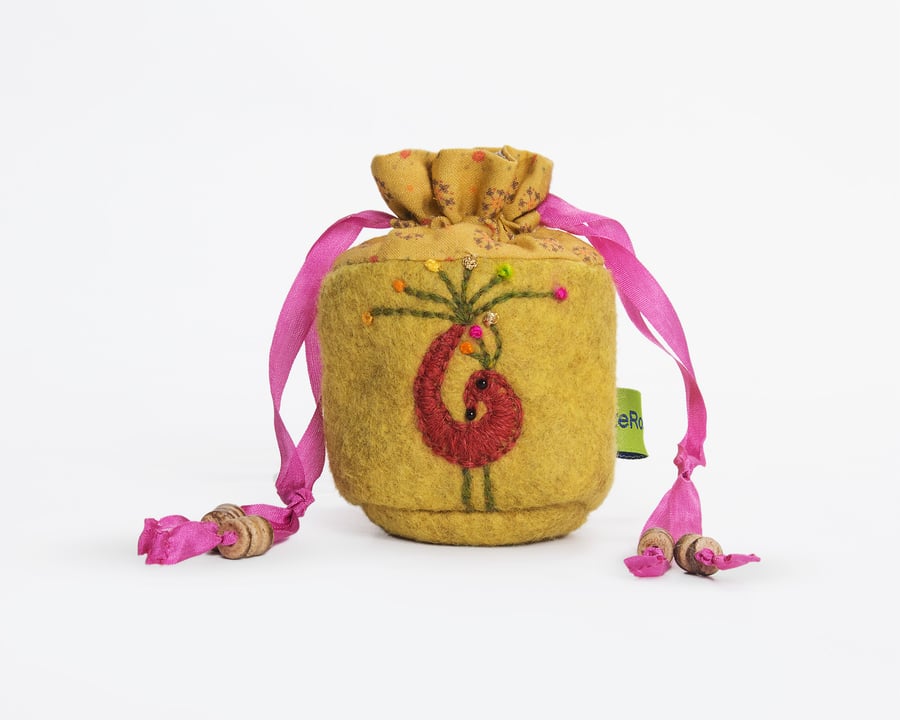 Miniature mustard wool felt drawstring bag with hand embroidered peacock