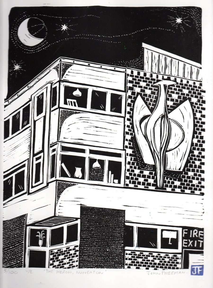 The Heron, Nuneaton by John Freeman, linocut print