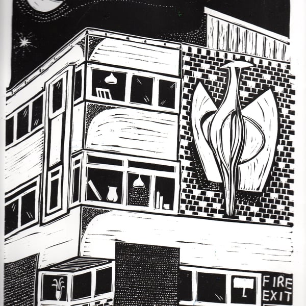 The Heron, Nuneaton by John Freeman, linocut print