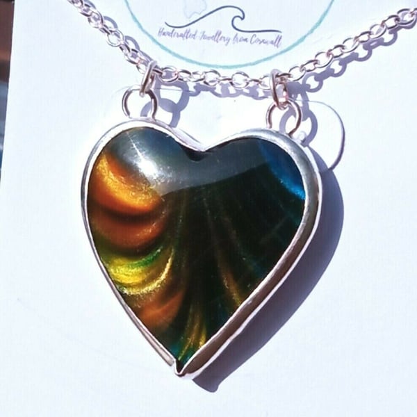 Surfite Blue & Yellow Pearlescent Heart Shaped Pendant on 925 Silver Necklace