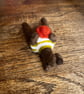 Handmade needle felted brown bear in striped top and holding his hat - Image 5