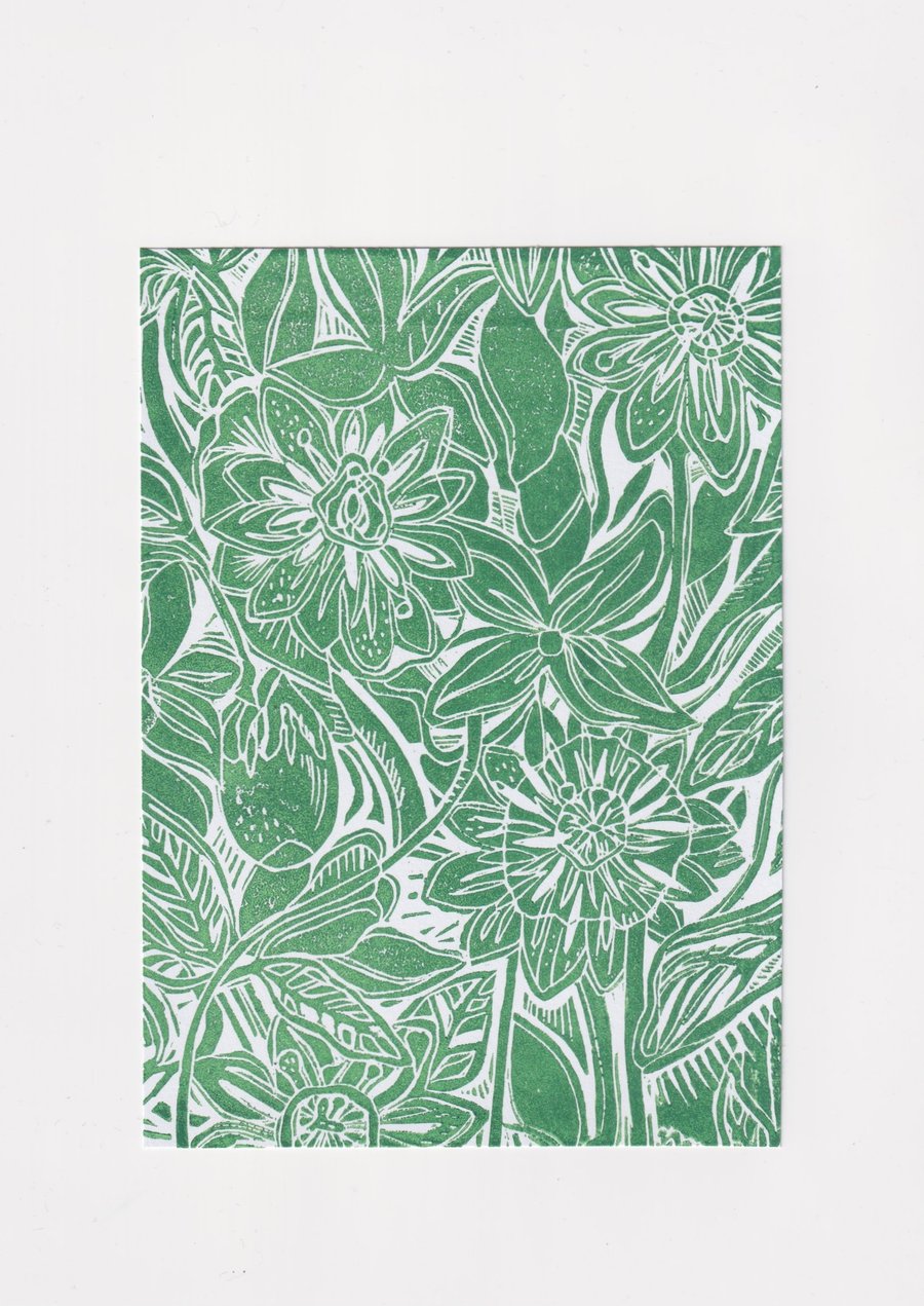 Green Passionflower Linocut Print 5x7. Original Art