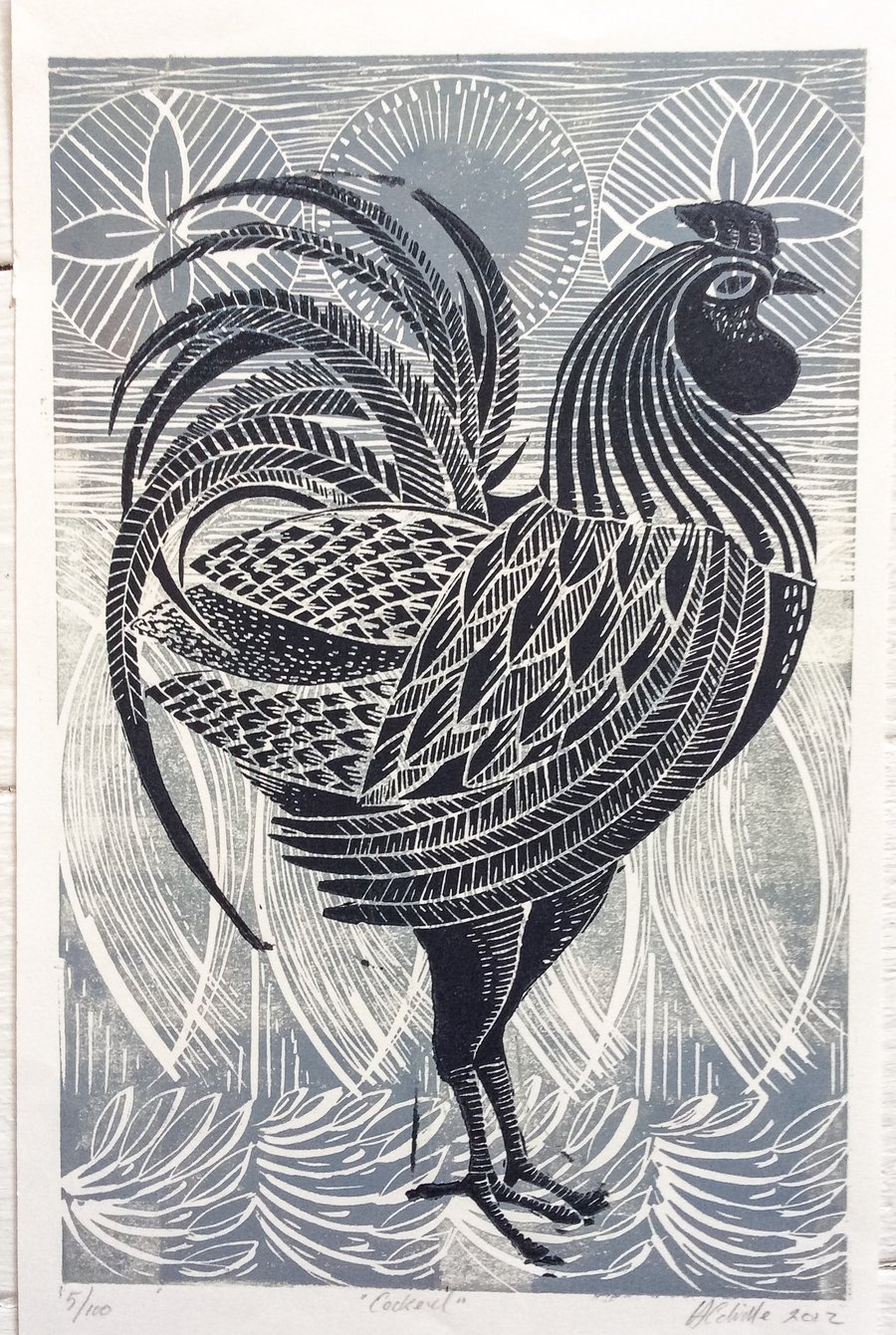 Grey Cockerel original linocut print 