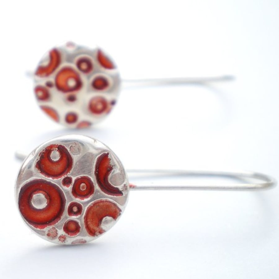 Silver Round Red Coral Earrings