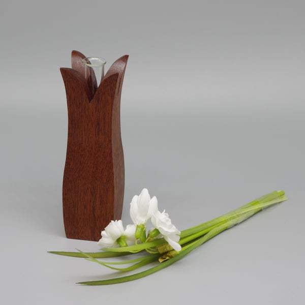 Handmade Wooden Vase With Test Tube. For Single Bud or Small Bunch.