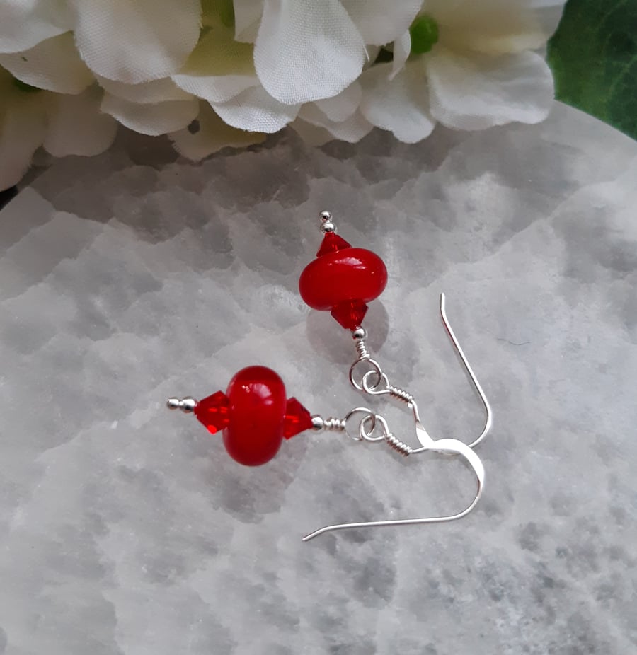 Sterling Silver Handmade Red Lampwork Glass and Red Crystal Earrings