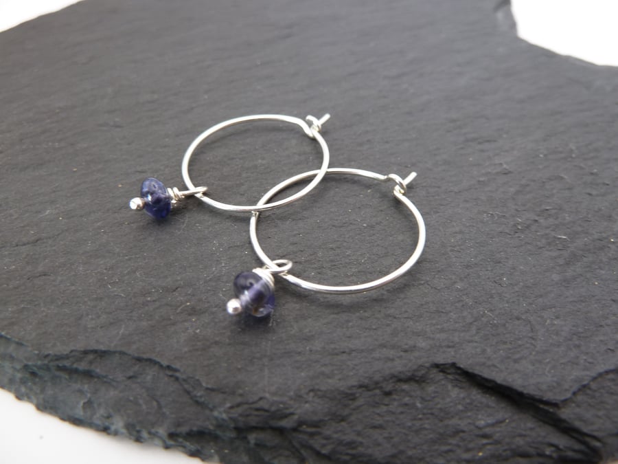 sterling silver hoop earrings, Iolite gemstone jewellery
