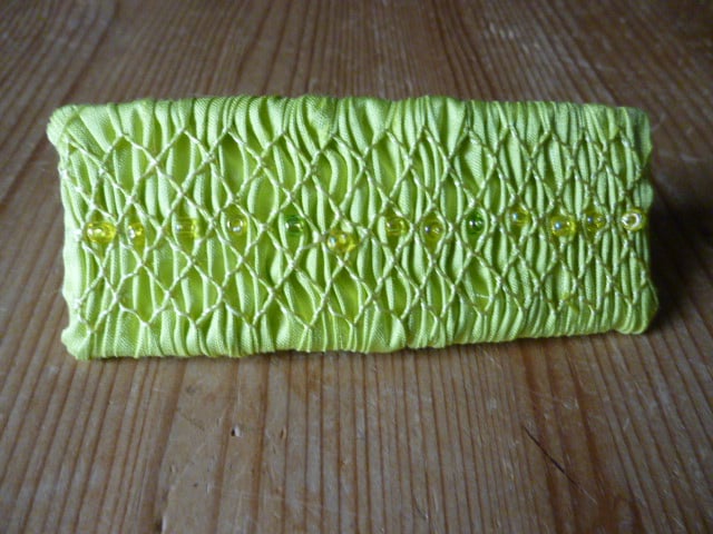 Hand Smocked and Beaded Acid Yellow Silk Hair Clip, H16