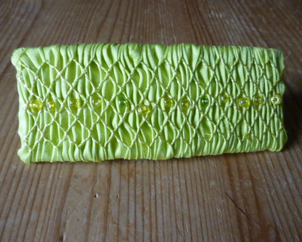 Hand Smocked and Beaded Acid Yellow Silk Hair Clip, H16