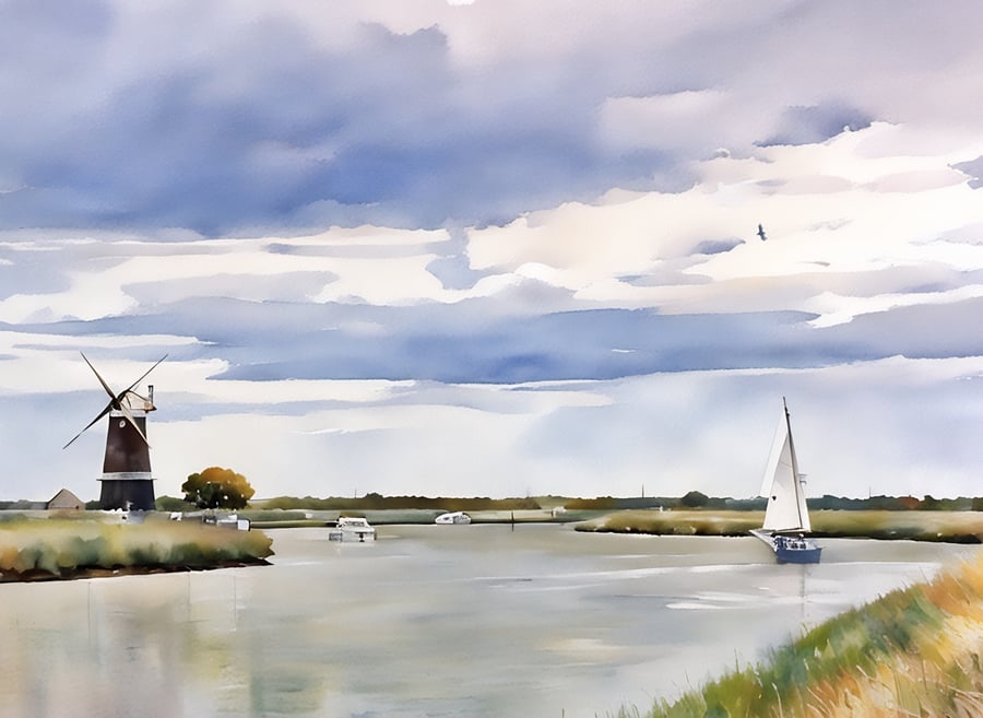 Digital Download of Print Watercolour Windmill on Norfolk Broads & Boats