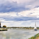 Digital Download of Print Watercolour Windmill on Norfolk Broads & Boats