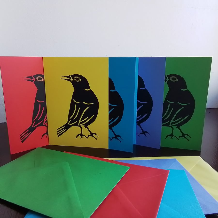 Blackbird - 5 hand-printed linocut cards 