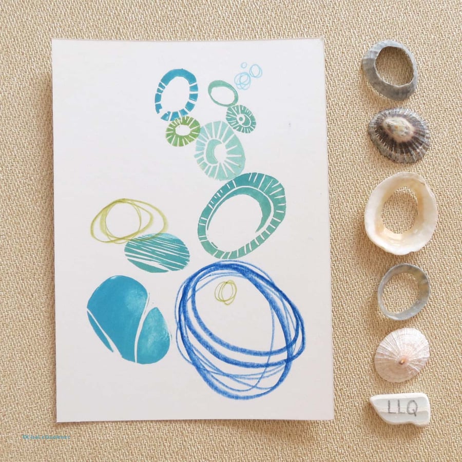 OOAK lino print and mixed media modern limpet shell seaside art