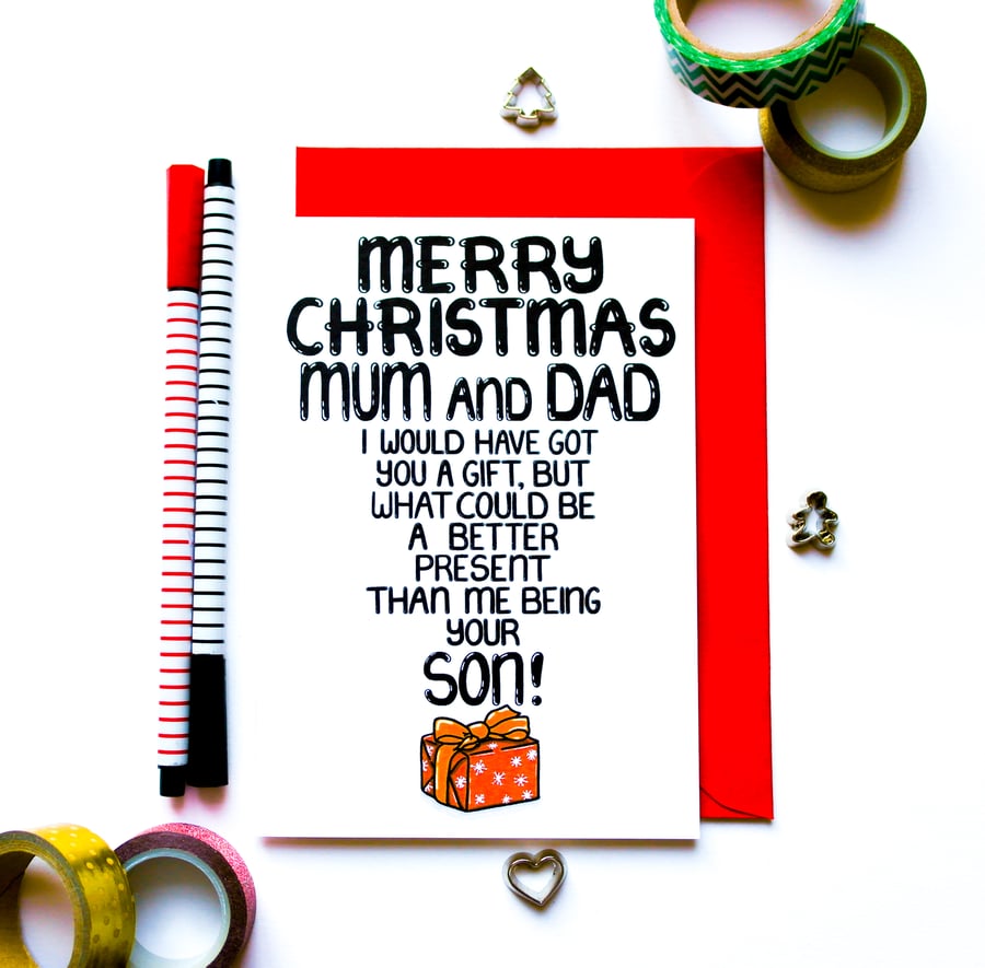 Funny Christmas Card From Son for Mum and Dad Merry Christmas Card Present Son