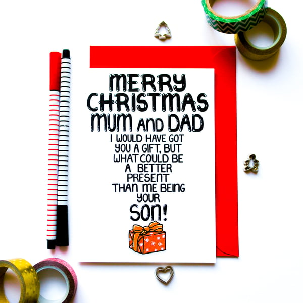 Funny Christmas Card From Son for Mum and Dad Merry Christmas Card Present Son