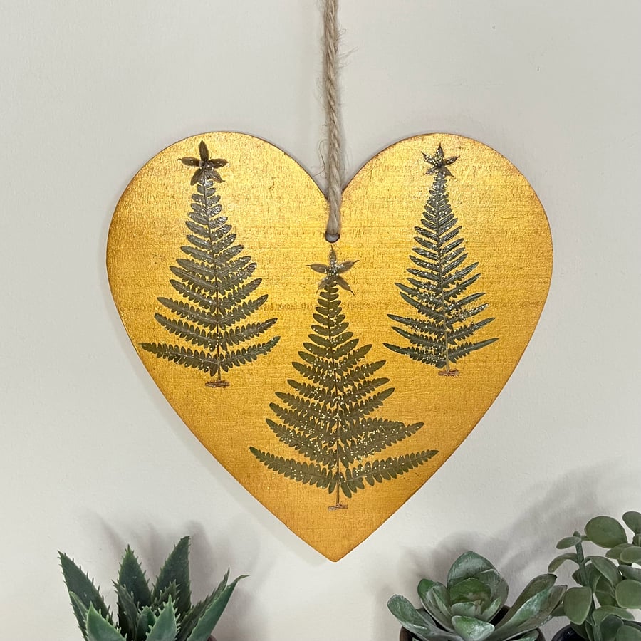 Pressed Fern Hand Painted Wooden Christmas Heart Hanging Decoration