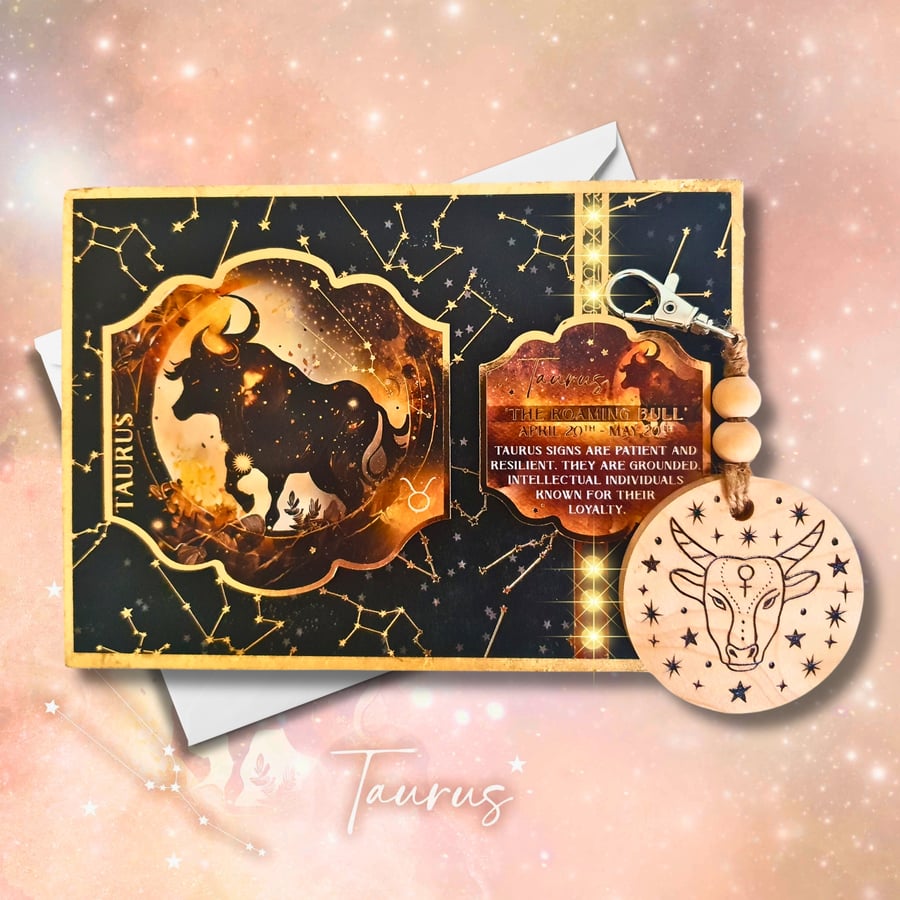 Taurus Zodiac Star Sign Card, Wooden Keyring, or as a Set. Celestial, Horoscopes
