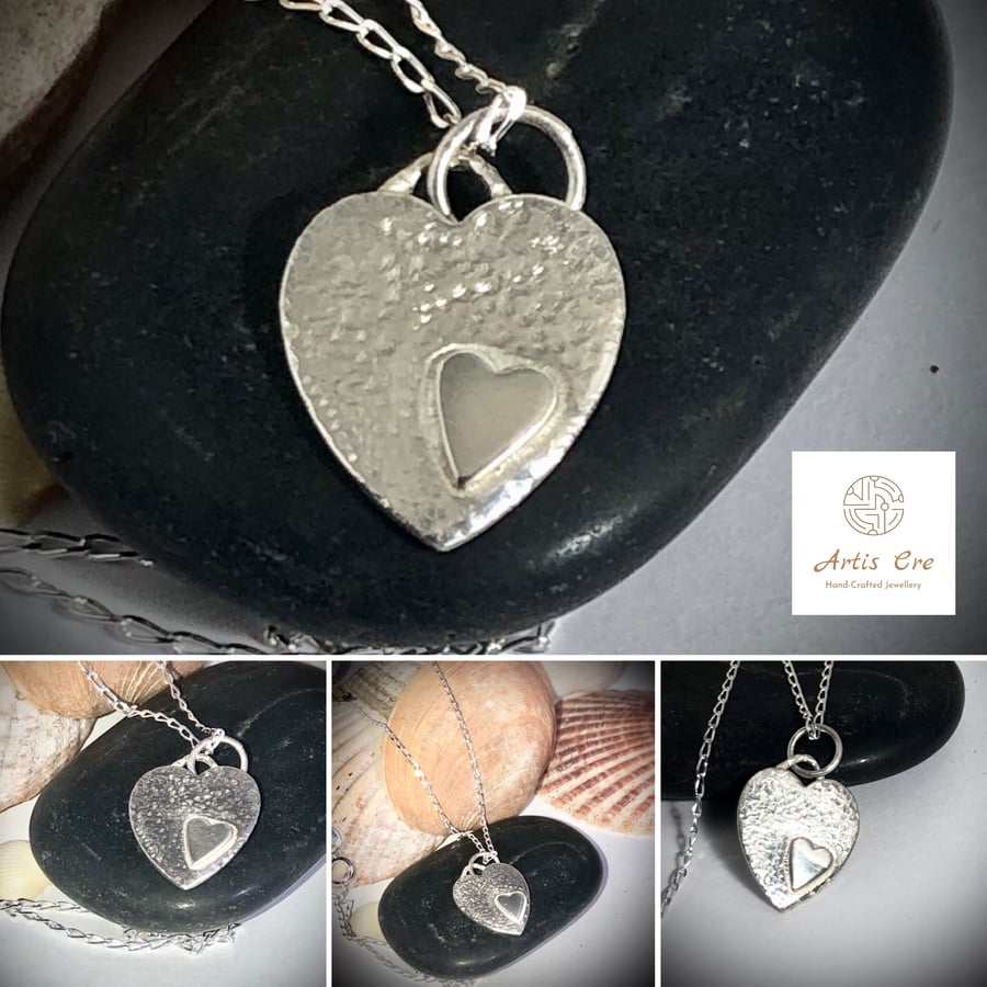 Heart to heart solid Silver pendant hand forged with 16” diamond cut curb chain