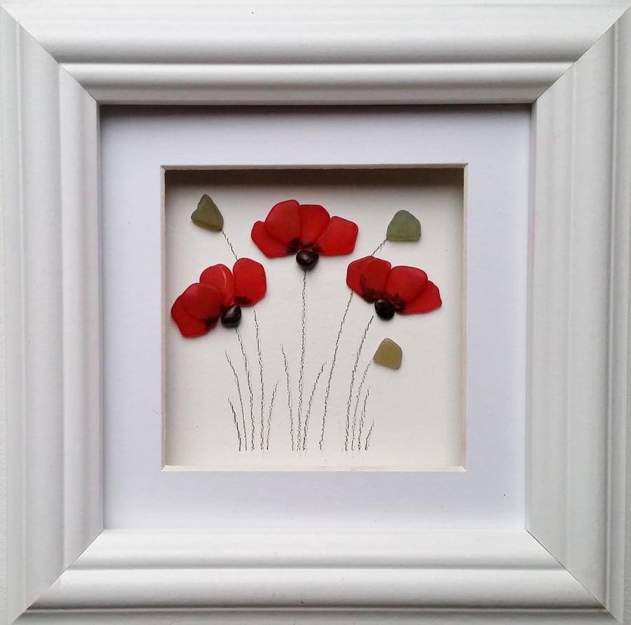 Sea Glass Poppies, Unusual Gifts for Her, Framed Wall Art, Mother's Day Gift