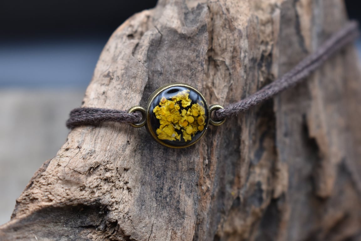 Adjustable Resin Bracelet with Real Lichen, Waxed Cotton Cord, Made in Scotland