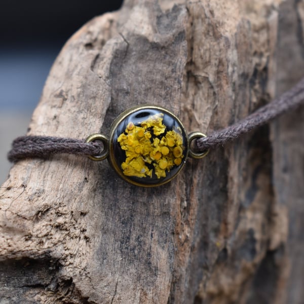 Adjustable Resin Bracelet with Real Lichen, Waxed Cotton Cord, Made in Scotland