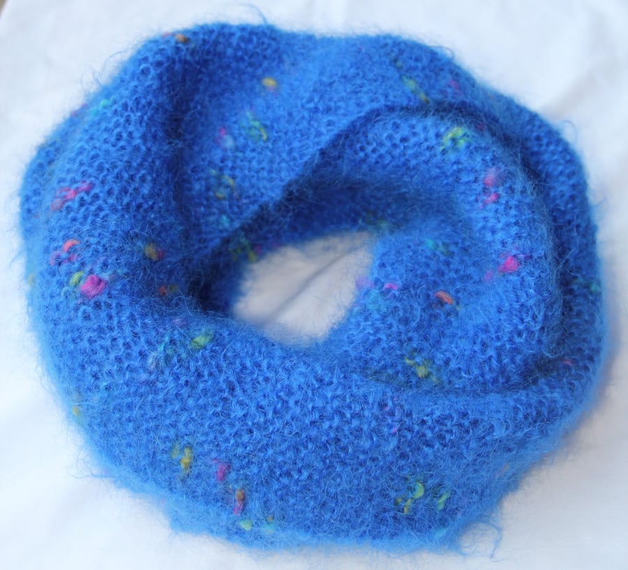 Hand Knitted Blue Mohair Mix Infinity Scarf