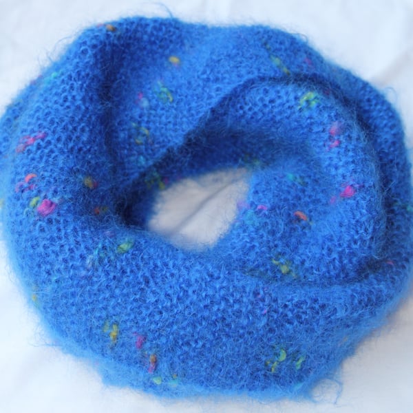 Hand Knitted Blue Mohair Mix Infinity Scarf