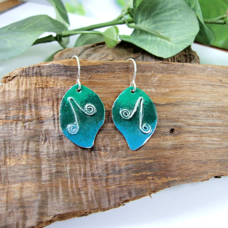 Earrings, Leaf Droppers. Sterling Silver & Copper with Colorful Enamel