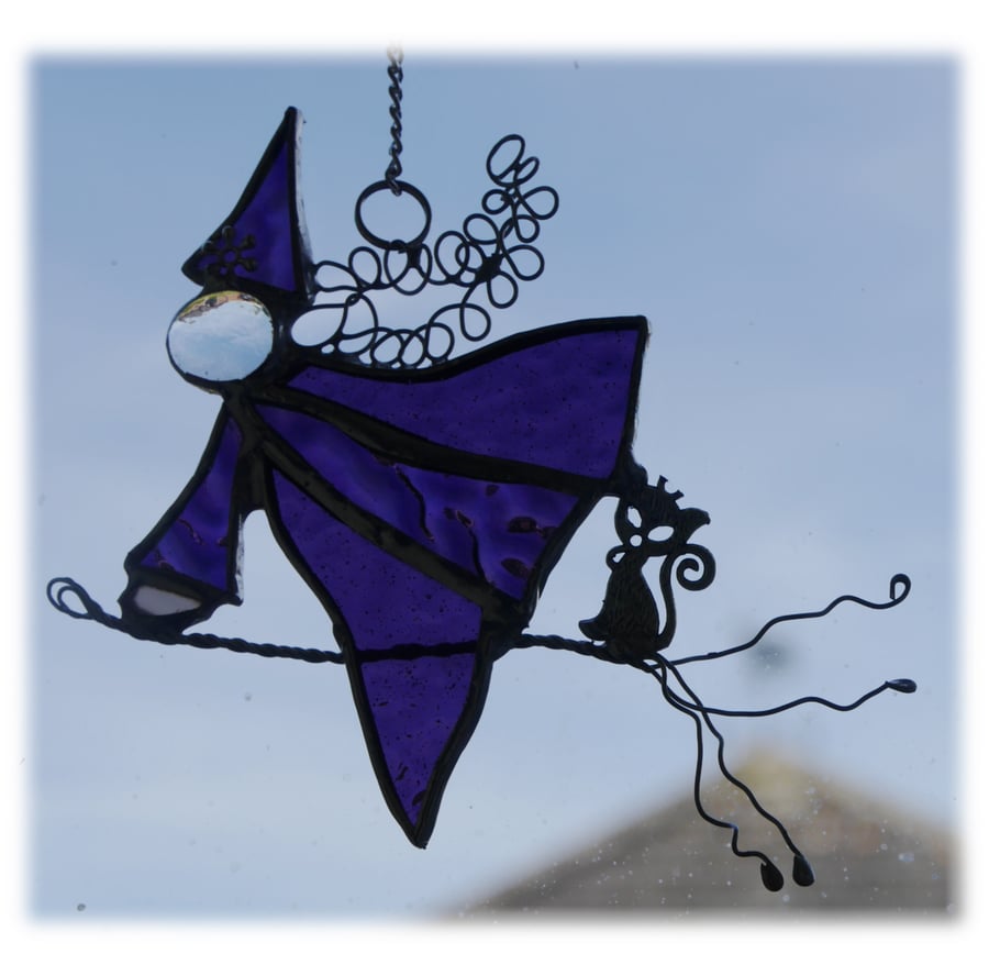 Halloween Witch on Broomstick Suncatcher Stained Glass 041 Purple