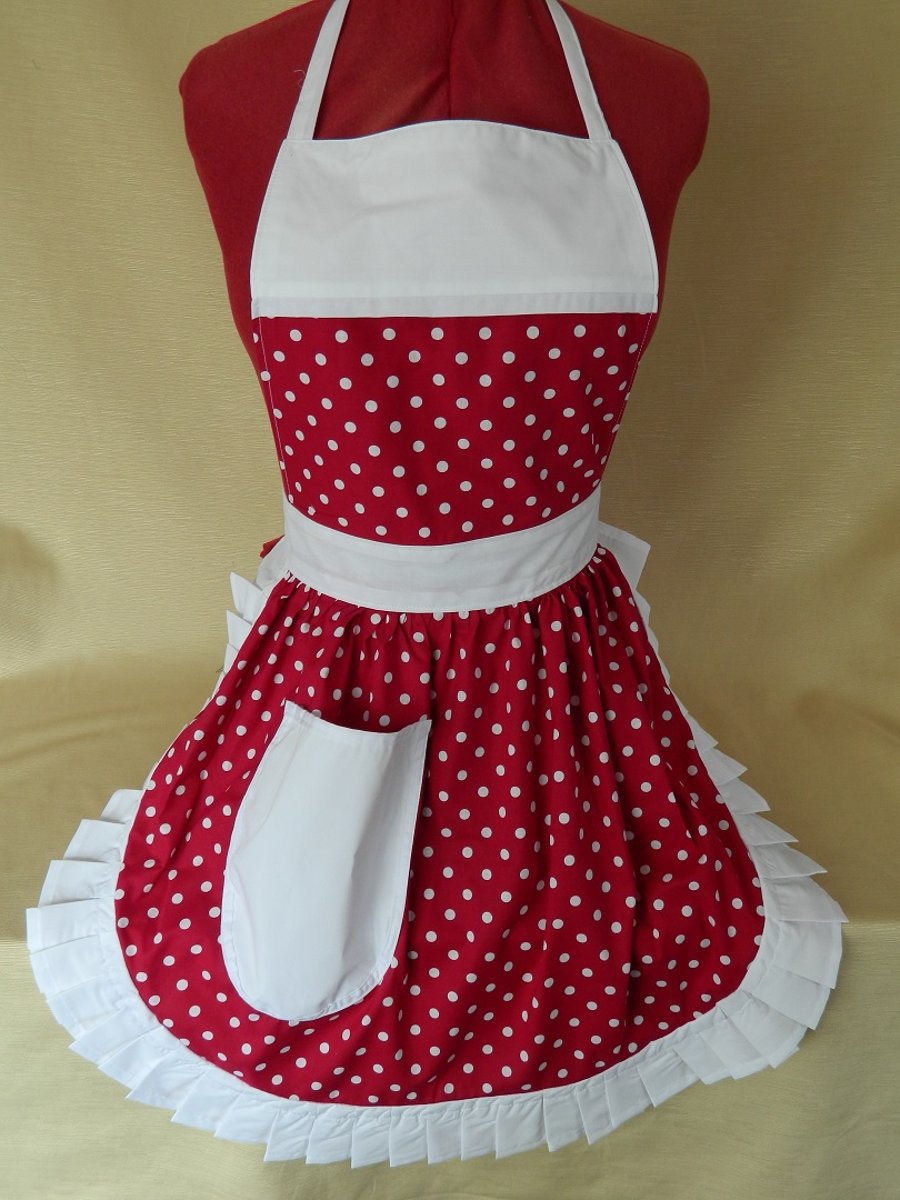 Vintage 50s Style Full Apron Pinny - Deep Red & White Polka Dot with White Trim