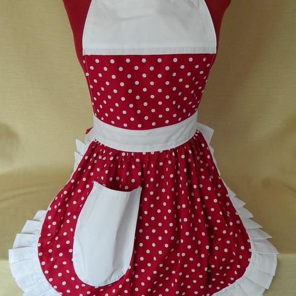 Vintage 50s Style Full Apron Pinny - Deep Red & White Polka Dot with White Trim