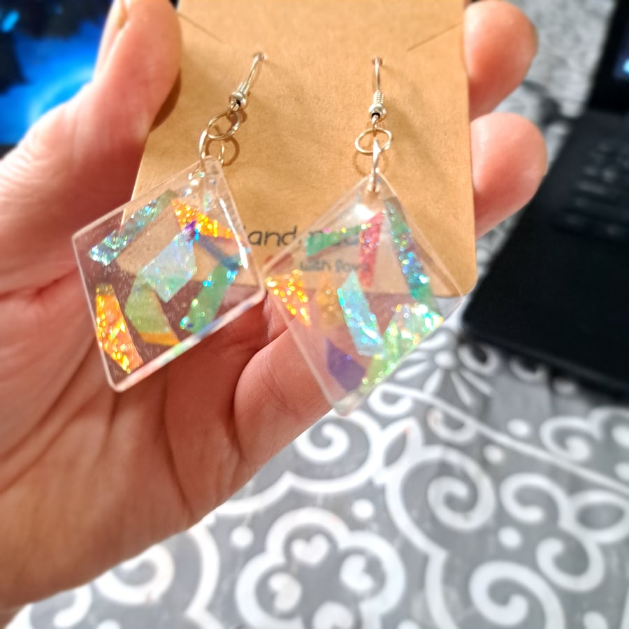 Lovely pair of Diamond shaped resin earrings with dichroic film and gold leaf
