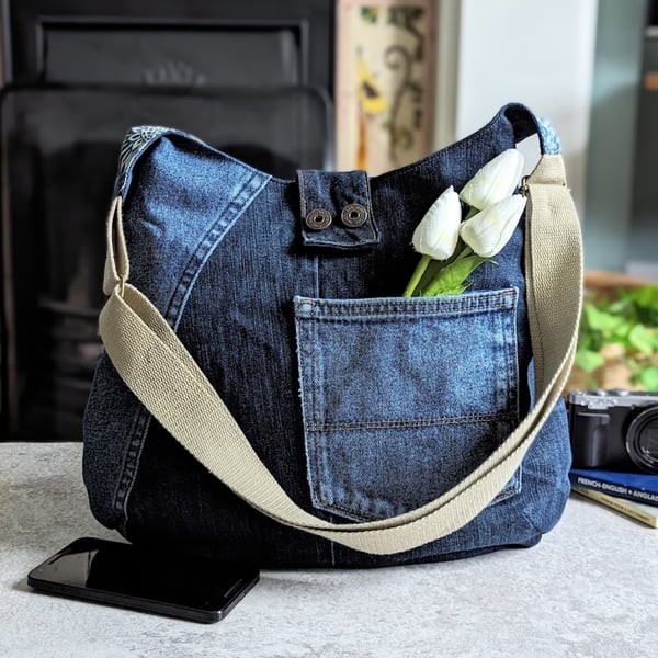 Denim Bag - Asymmetrical Denim Patchwork Hobo Cross Body Shoulder Bag