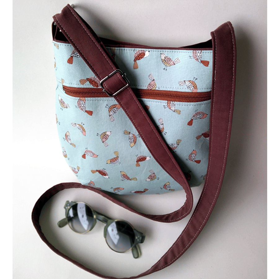 Pretty bird print crossbody bag with adjustable strap