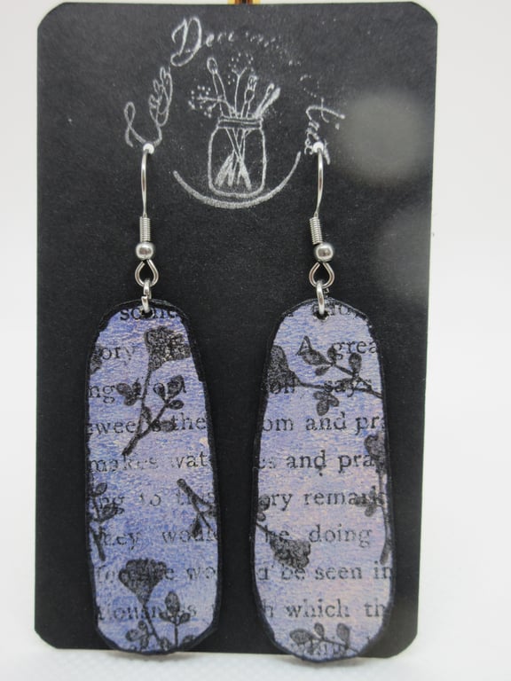 Upcycled Vintage Book Drop Earrings Hand Stamped Botanical