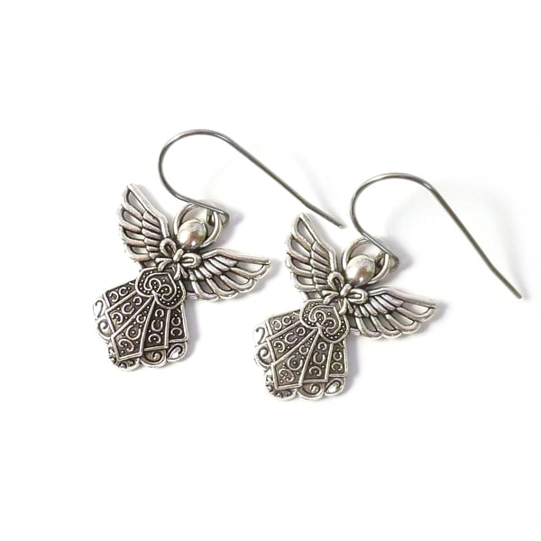 Angel Earrings, not just for Christmas, silver metal dangle earrings