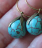 Earrings Turquoise semi precious stone Rounds & Bronzed petal Bead Caps on Hoops - Image 2