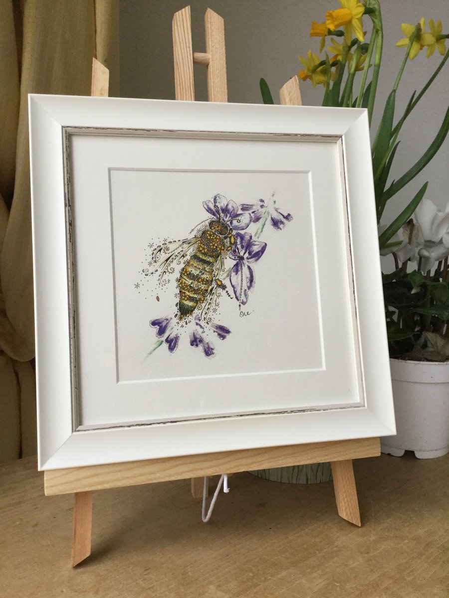 Honey Bee and Lavender 9.5 x 9.5” framed print