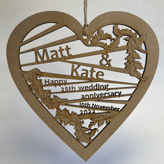 Personalised wooden heart & oak leaf decoration